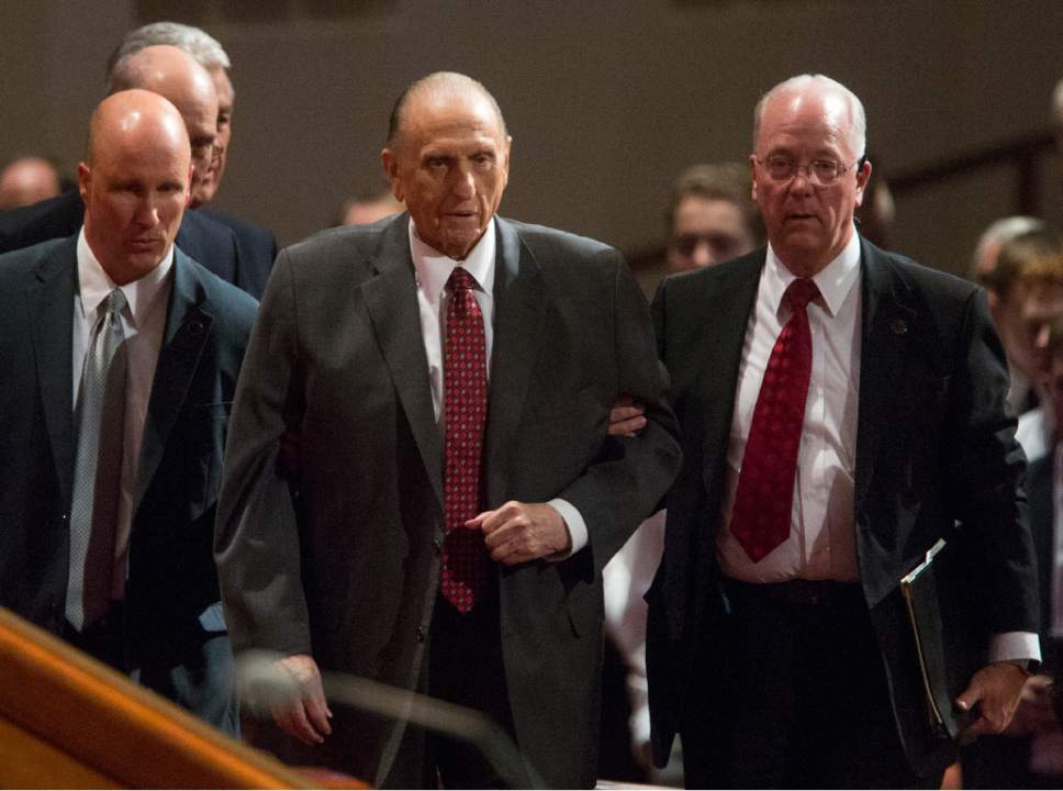 Rick Egan  |  The Salt Lake Tribune

President Thomas S. Monson enters the conference center for the Priesthood Session, during the 187th Annual General Conference at the Conference Center in Salt Lake City, Saturday, April 1, 2017.