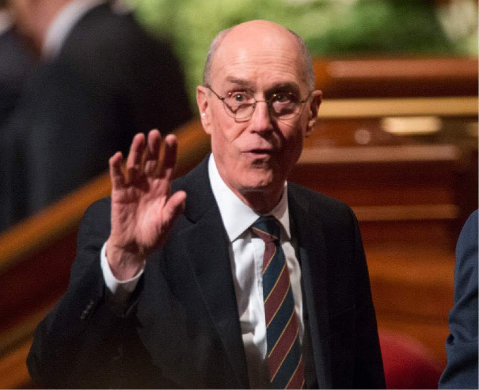 Rick Egan  |  The Salt Lake Tribune

President Henry B. Eyring waves to the crowd as he leaves after the187th Annual General Priesthood meeting at the Conference Center in Salt Lake City, Saturday, April 1, 2017.