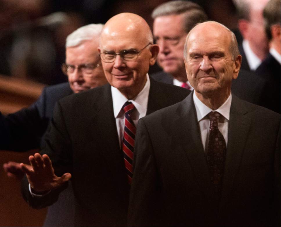 Rick Egan  |  The Salt Lake Tribune

Elder M. Russell Ballard, Elder Dallin H. Oaks and President Russell M. Nelson wave to the crowd after the187th Annual General Priesthood meeting at the Conference Center in Salt Lake City, Saturday, April 1, 2017.