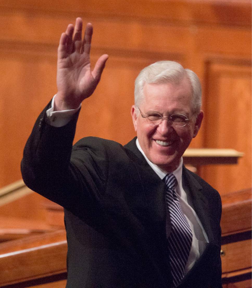 Rick Egan  |  The Salt Lake Tribune

Elder D. Todd Christofferson waves to the crowd after the187th Annual General Priesthood meeting at the Conference Center in Salt Lake City, Saturday, April 1, 2017.