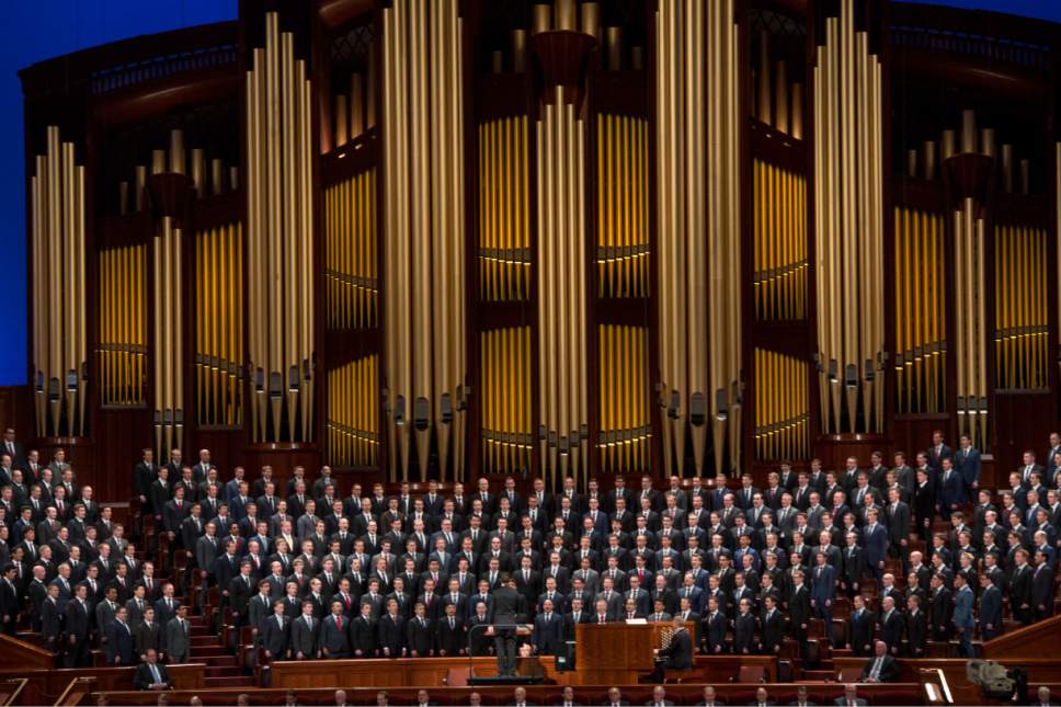 Rick Egan  |  The Salt Lake Tribune

A Priesthood choir from Holladay and Murray sing the opening hymn, during the 187th Annual General Conference at the Conference Center in Salt Lake City, Saturday, April 1, 2017.