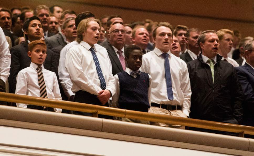 Rick Egan  |  The Salt Lake Tribune

LDS faithful stand as they sing a hymn, during the 187th Annual General Conference at the Conference Center in Salt Lake City, Saturday, April 1, 2017.