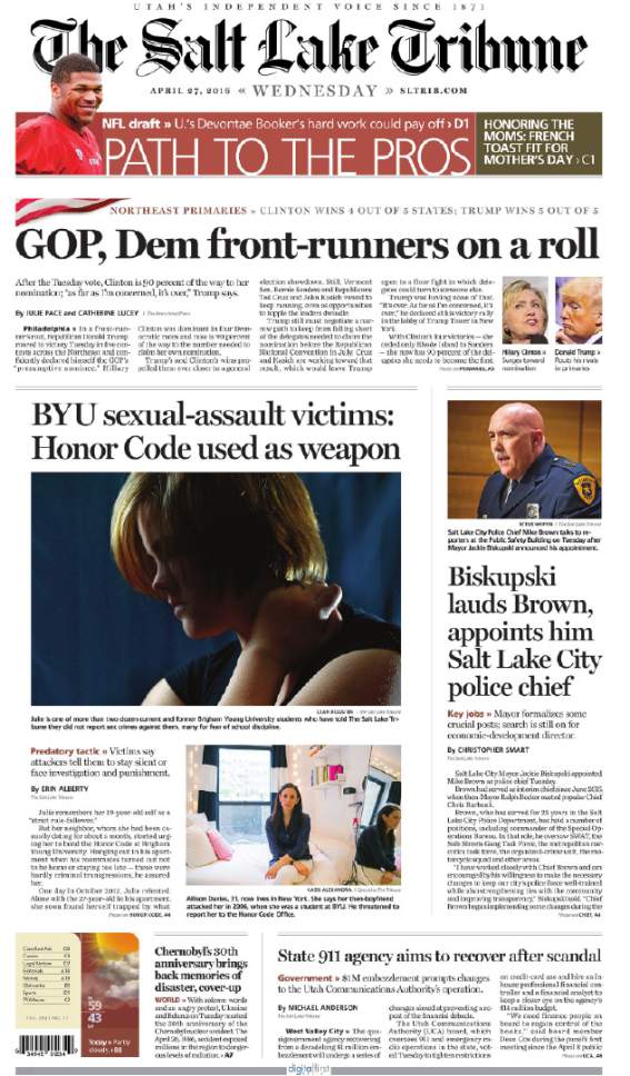 These pages are part of The Salt Lake Tribune's 2017 Pulitzer Prize for Local Reporting. The judge's said the prize was awarded "for a string of vivid reports revealing the perverse, punitive and cruel treatment given to sexual assault victims at Brigham Young University, one of Utahís most powerful institutions."