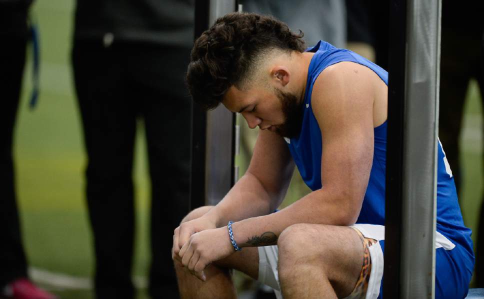 Francisco Kjolseth | The Salt Lake Tribune
Defensive back Kai Nacua takes a moment to compose himself after the weight bench as BYU's Pro Day kicks off at the indoor practice facility with seniors performing in front of NFL scouts.