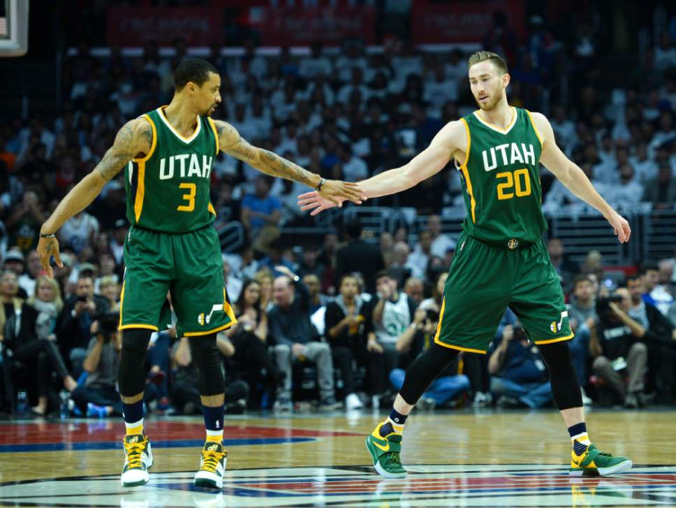 Steve Griffin  |  The Salt Lake Tribune


Utah Jazz forward Gordon Hayward (20) slaps hands with Utah Jazz guard George Hill (3) as Hayward gets off to fast start during game 5 of the the Jazz versus Clippers NBA playoff game at the Staples Center in Los Angeles Tuesday April 25, 2017.
