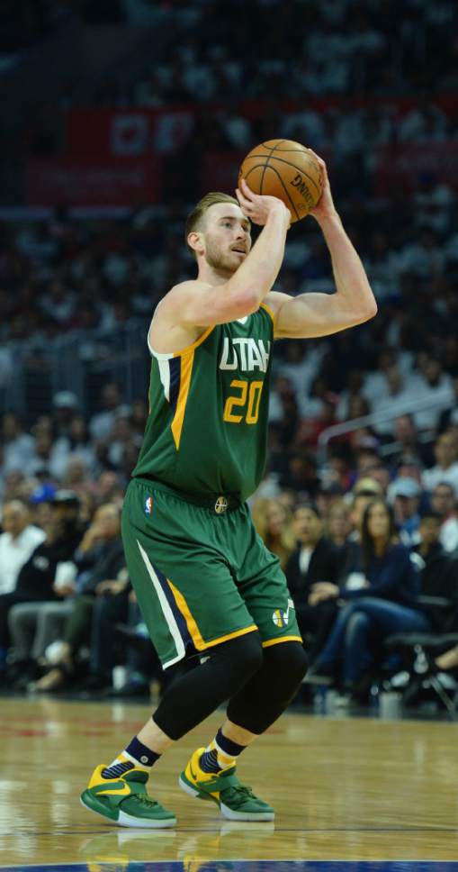 Steve Griffin  |  The Salt Lake Tribune


Utah Jazz forward Gordon Hayward (20) shoots and makes a wide open three-pointer during game 5 of the the Jazz versus Clippers NBA playoff game at the Staples Center in Los Angeles Tuesday April 25, 2017.