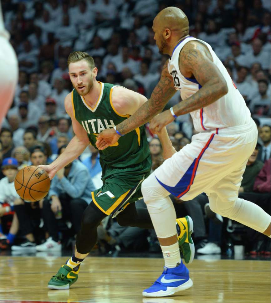 Steve Griffin  |  The Salt Lake Tribune
Utah Jazz forward Gordon Hayward (20) drives into the lane as LA Clippers center Marreese Speights (5) blocks his path during game 5 of the the Jazz versus Clippers NBA playoff game at the Staples Center in Los Angeles Tuesday April 25, 2017.