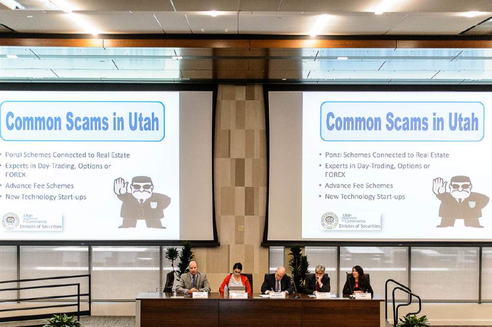 Trent Nelson  |  The Salt Lake Tribune
A panel of experts at a Financial Fraud Institute public event teaching citizens to recognize and avoid scams. The event was held at the University of Utah in Salt Lake City, Wednesday April 26, 2017.