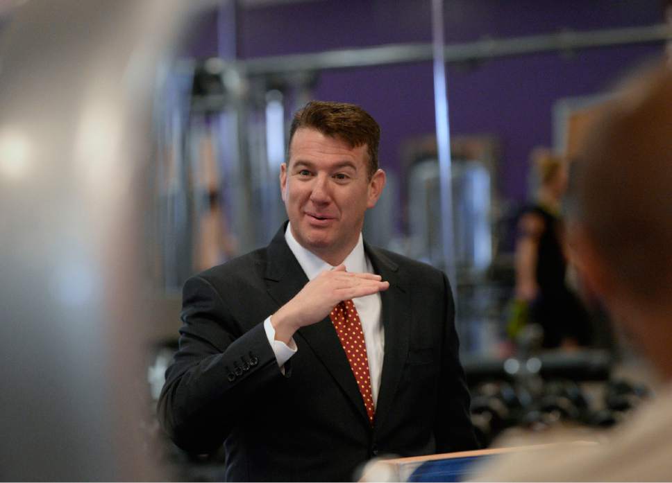 Al Hartmann  |  The Salt Lake Tribune
Randy Shumway, CEO of The Cicero Group/Dan Jones & Associates responsible for compiling the Consumer Attitude Index for Zions Bank, speaks on the findings from the current index at Anytime Fitness in Salt Lake City Tuesday Dec. 30.
Anytime Fitness members have 24-hour access to the center and its full range of equipment. The center also offers group classes and personal training. The Sugar House location marked its fifth year in business on Dec. 12.