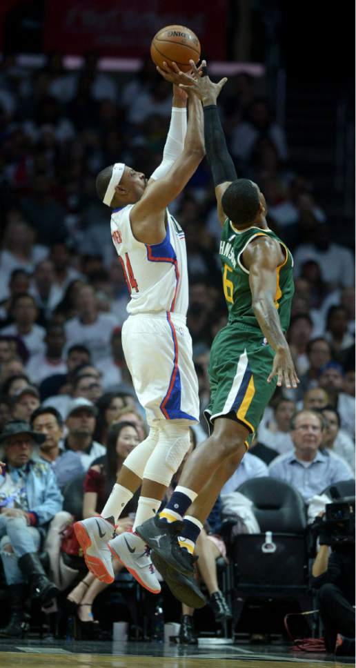 Steve Griffin  |  The Salt Lake Tribune


LA Clippers forward Paul Pierce (34) shoots over Utah Jazz forward Joe Johnson (6) during game 5 of the the Jazz versus Clippers NBA playoff game at the Staples Center in Los Angeles Tuesday April 25, 2017.