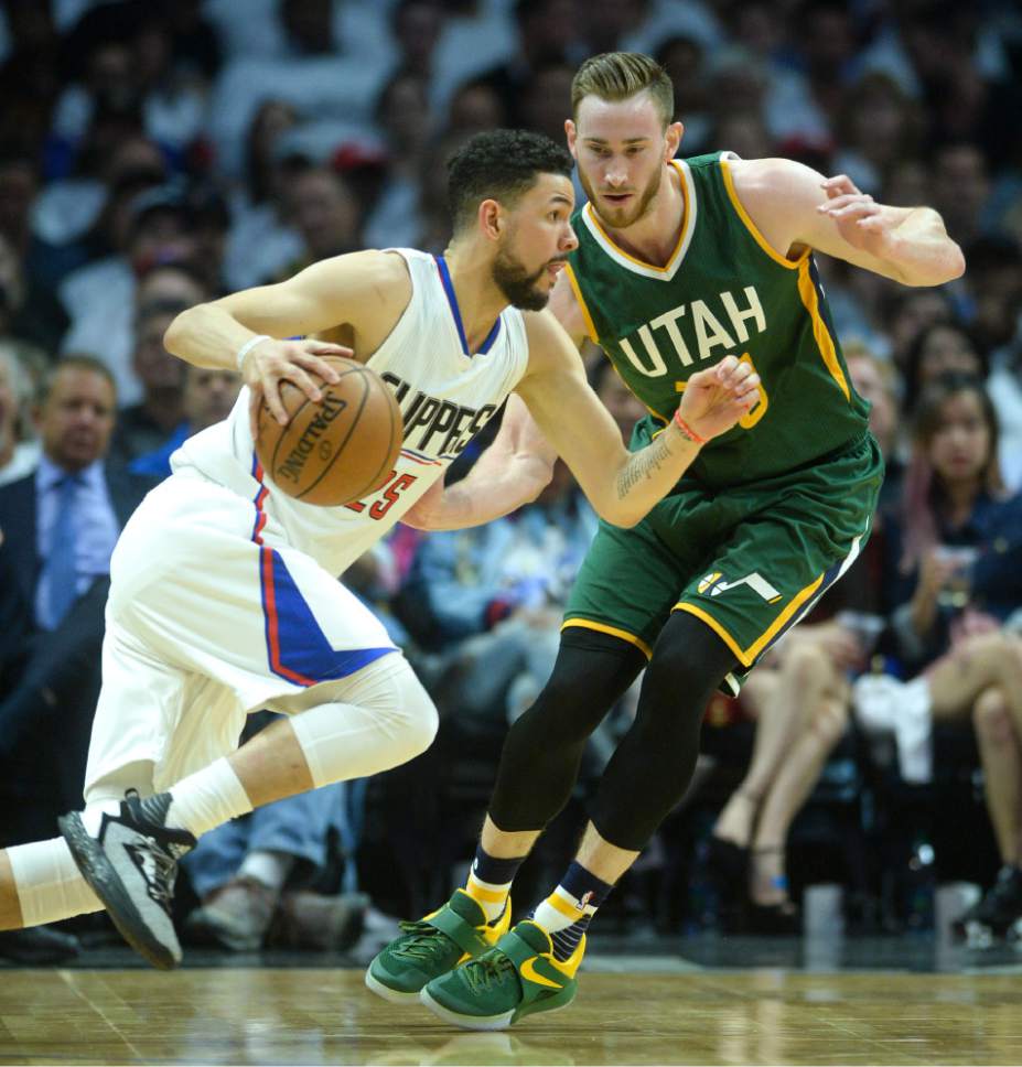 Steve Griffin  |  The Salt Lake Tribune
LA Clippers guard Austin Rivers (25) tries to drive past Utah Jazz forward Gordon Hayward (20) during game 5 of the the Jazz versus Clippers NBA playoff game at the Staples Center in Los Angeles Tuesday April 25, 2017.