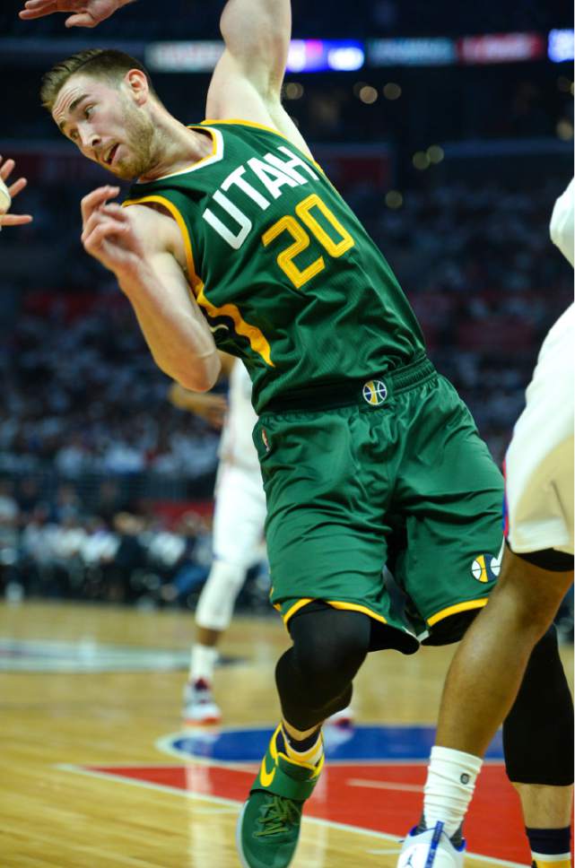 Steve Griffin  |  The Salt Lake Tribune


Utah Jazz forward Gordon Hayward (20) gets striped of the ball by the Clipper defense during game 5 of the the Jazz versus Clippers NBA playoff game at the Staples Center in Los Angeles Tuesday April 25, 2017.