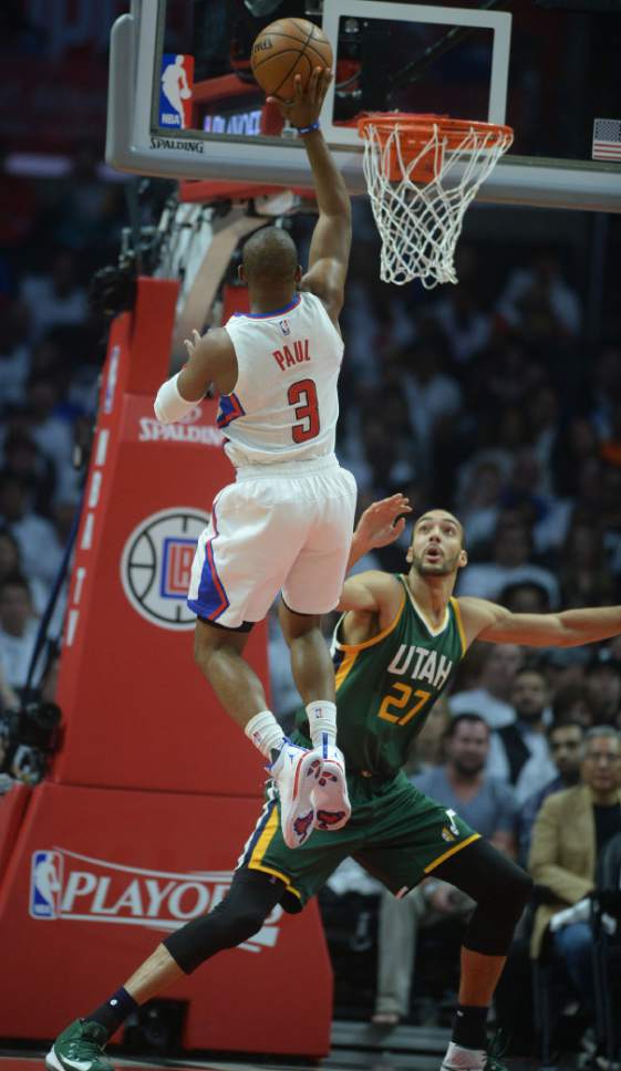 Steve Griffin  |  The Salt Lake Tribune


LA Clippers guard Chris Paul (3) shoots over Utah Jazz center Rudy Gobert (27) during game 5 of the the Jazz versus Clippers NBA playoff game at the Staples Center in Los Angeles Tuesday April 25, 2017.