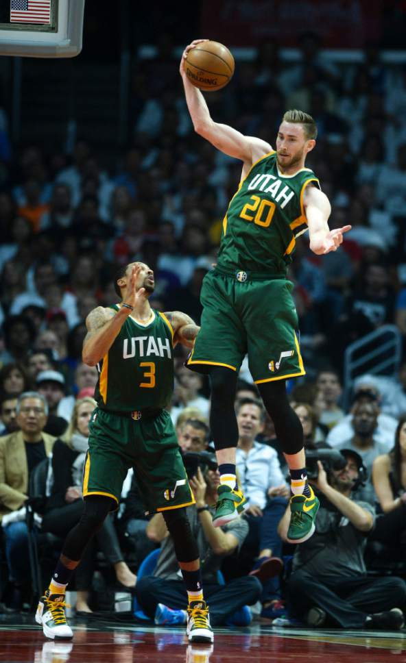 Steve Griffin  |  The Salt Lake Tribune


Utah Jazz forward Gordon Hayward (20) leaps for a rebound during game 5 of the the Jazz versus Clippers NBA playoff game at the Staples Center in Los Angeles Tuesday April 25, 2017.