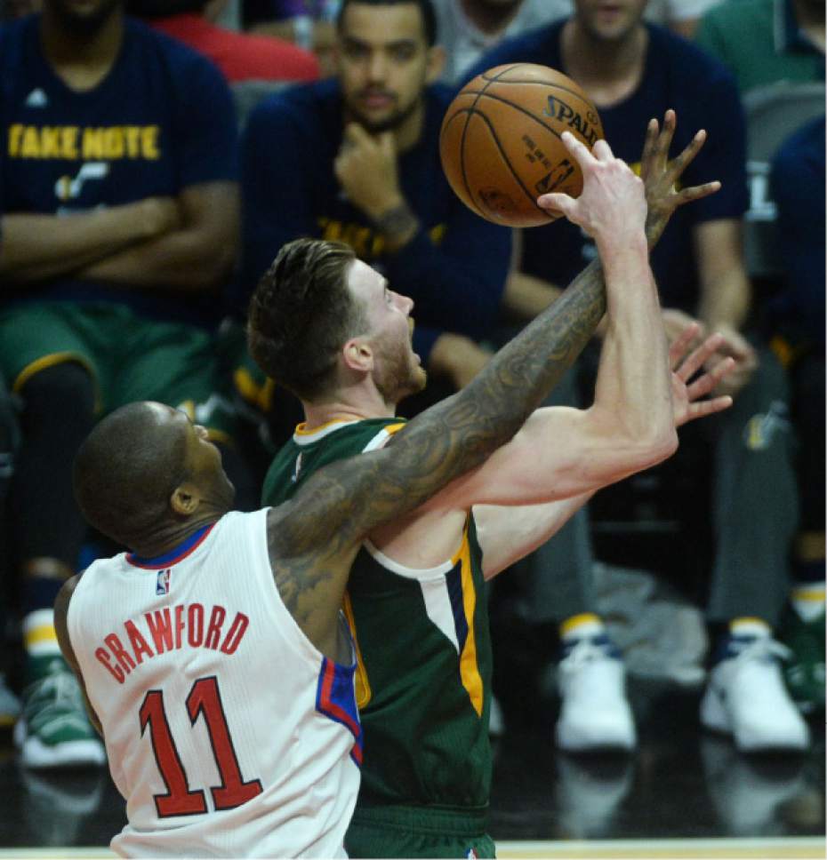 Steve Griffin  |  The Salt Lake Tribune


LA Clippers guard Jamal Crawford (11) four Utah Jazz forward Gordon Hayward (20) during game 5 of the the Jazz versus Clippers NBA playoff game at the Staples Center in Los Angeles Tuesday April 25, 2017.