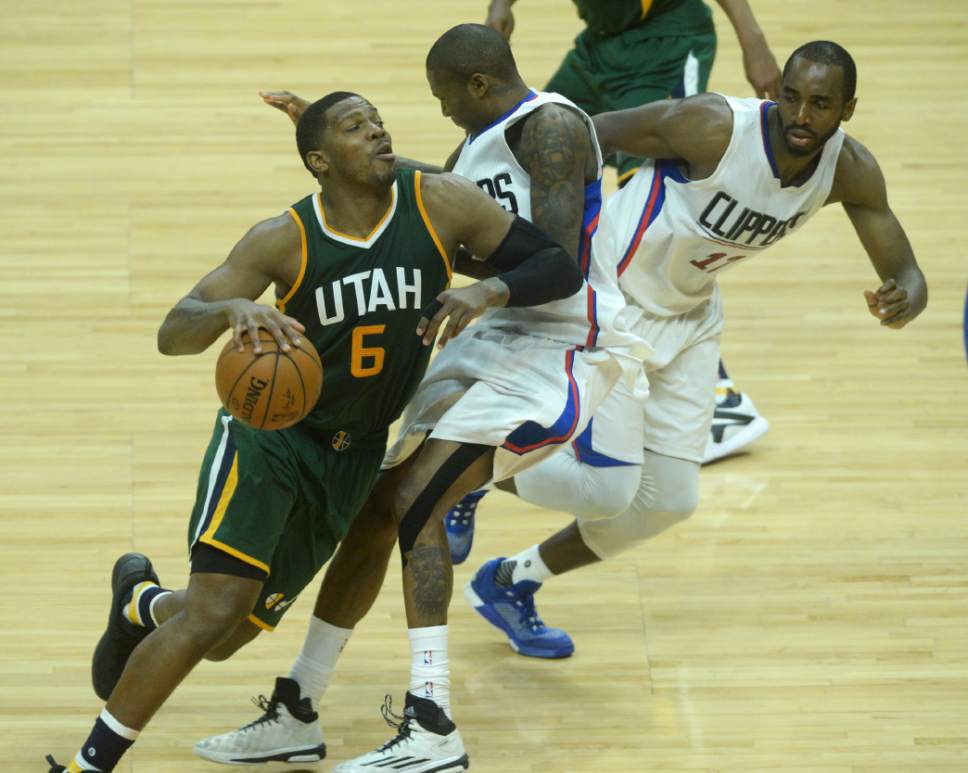 Steve Griffin  |  The Salt Lake Tribune


Utah Jazz forward Joe Johnson (6) crashes throughout LA Clippers guard Jamal Crawford (11) and LA Clippers forward Luc Mbah a Moute (12) as he drives to the basket during game 5 of the the Jazz versus Clippers NBA playoff game at the Staples Center in Los Angeles Tuesday April 25, 2017.