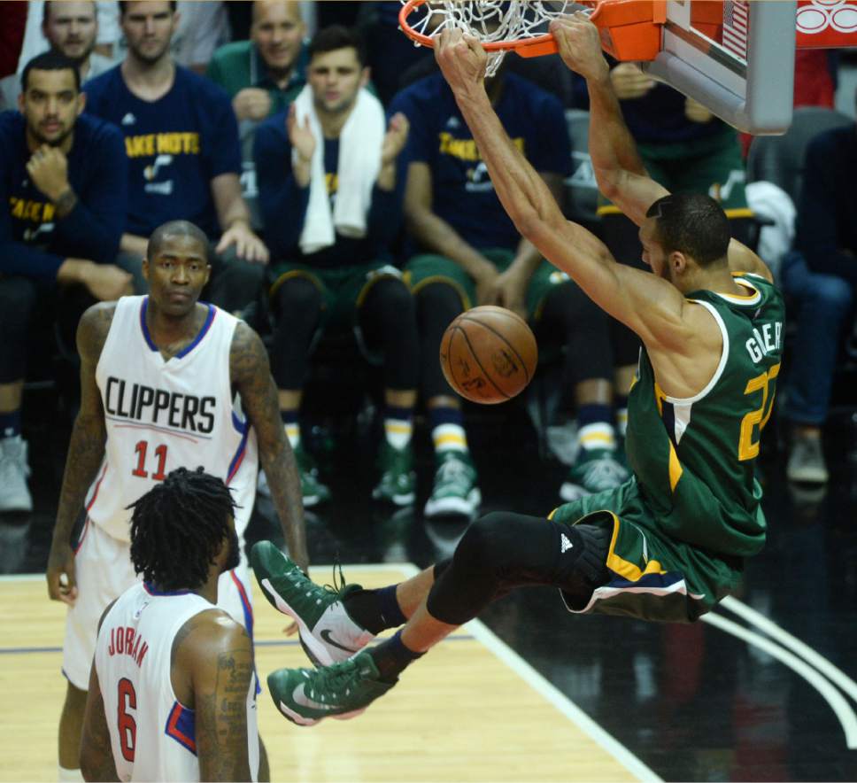 Steve Griffin  |  The Salt Lake Tribune


Utah Jazz center Rudy Gobert (27) throws down a dunk during game 5 of the the Jazz versus Clippers NBA playoff game at the Staples Center in Los Angeles Tuesday April 25, 2017.