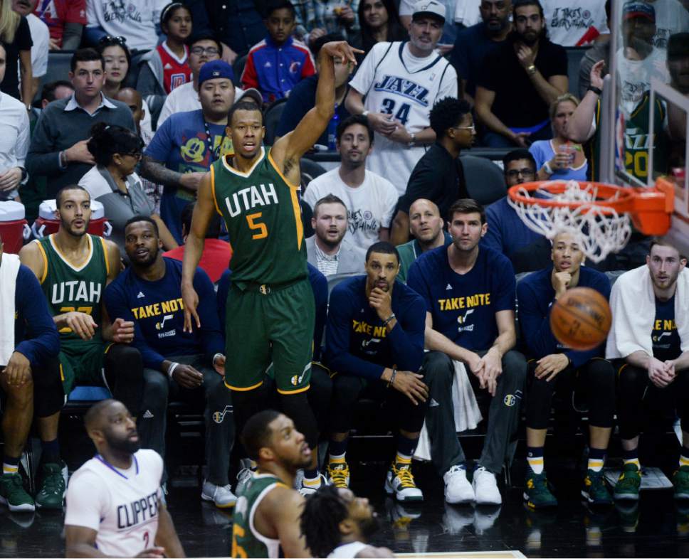 Steve Griffin  |  The Salt Lake Tribune


Utah Jazz guard Rodney Hood (5) watches his three-pointer splash through the net during game 5 of the the Jazz versus Clippers NBA playoff game at the Staples Center in Los Angeles Tuesday April 25, 2017.