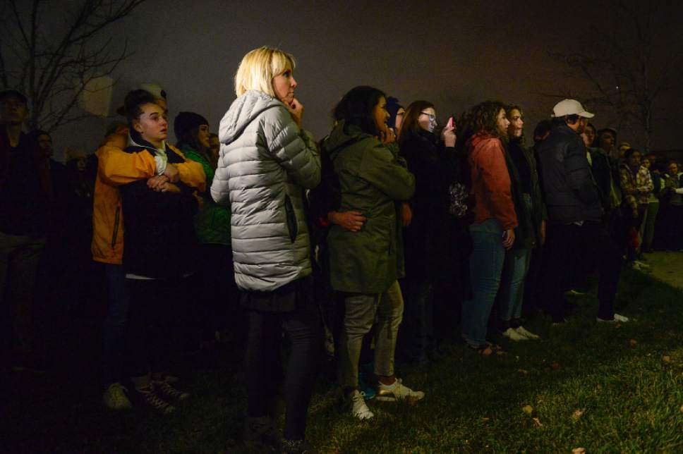 Francisco Kjolseth | The Salt Lake Tribune
Friends and family gather for a vigil at Draper City Park on Sunday evening, Nov. 20, 2016, in remembrance of teens Lexie Fenton and Ethan Fraga, both 16, who were killed in a single-car accident in Draper Saturday night. Three other teens who were in the vehicle were injured when the driver lost control of the car.