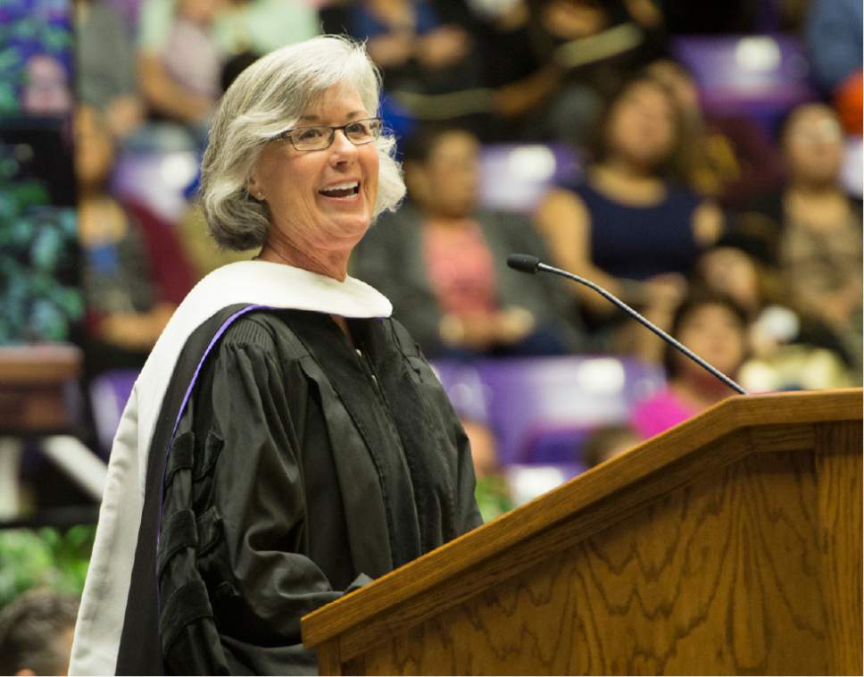 Rick Egan  |  The Salt Lake Tribune

Karla K. Bergeson, delivers the keynote address after receiving an honorary degree at the Weber State University graduation at the Dee Events Center in Ogden, Friday, April 28, 2017.