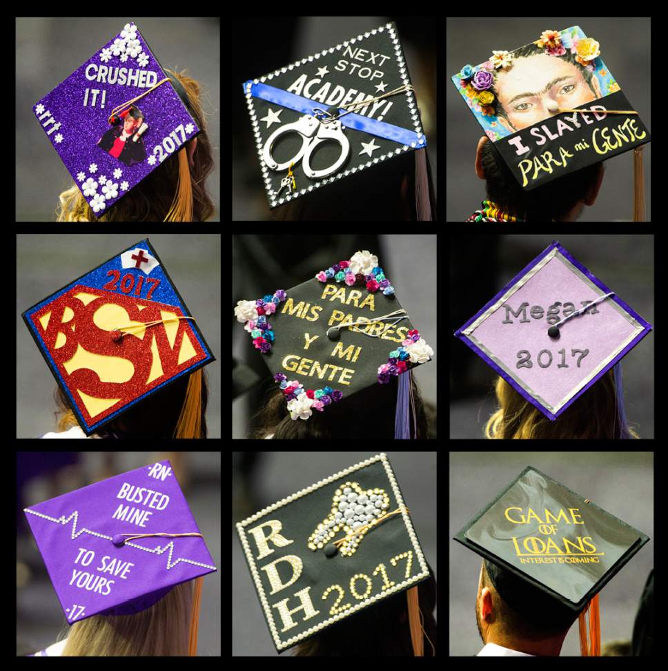 Rick Egan  |  The Salt Lake Tribune

Weber state graduates make a statement with their mortarboards, during the Weber State Commencement Exercise at the Dee Events Center in Ogden, Friday, April 28, 2017.