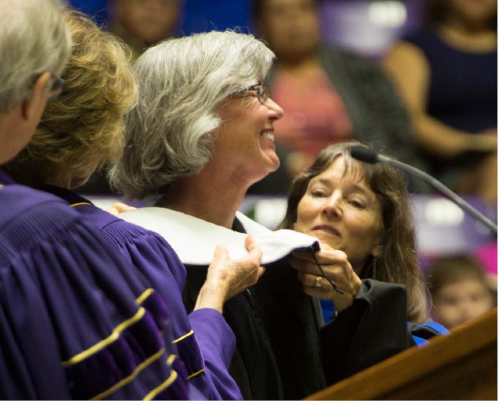 Rick Egan  |  The Salt Lake Tribune

Karla K. Bergeson, receives an honorary degree at the Weber State University graduation at the Dee Events Center in Ogden, Friday, April 28, 2017.