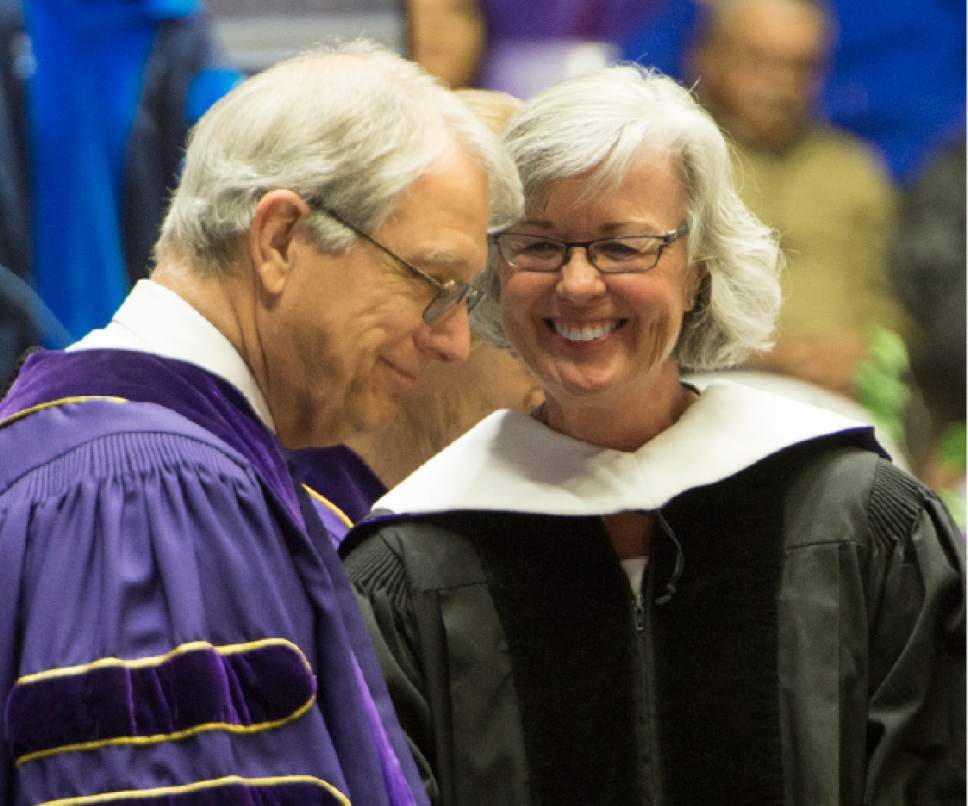 Rick Egan  |  The Salt Lake Tribune

Karla K. Bergeson, smiles after receiving an honorary degree at the Weber State University graduation at the Dee Events Center in Ogden, Friday, April 28, 2017.