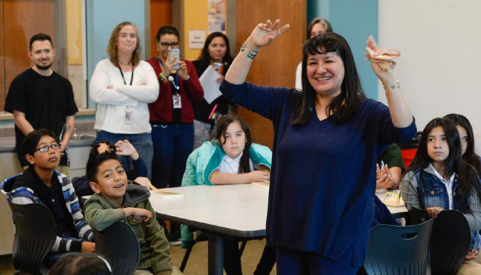 Francisco Kjolseth | The Salt Lake Tribune
Writer Sandra Cisneros visits Mountain View Elementary School on Wed. April 26, 2017, to talk with 40 fifth graders who have read her book, "The House on Mango Street," in both english and spanish as part of their dual immersion program. The program was part of the University of Utah Tanner Humanities Center.