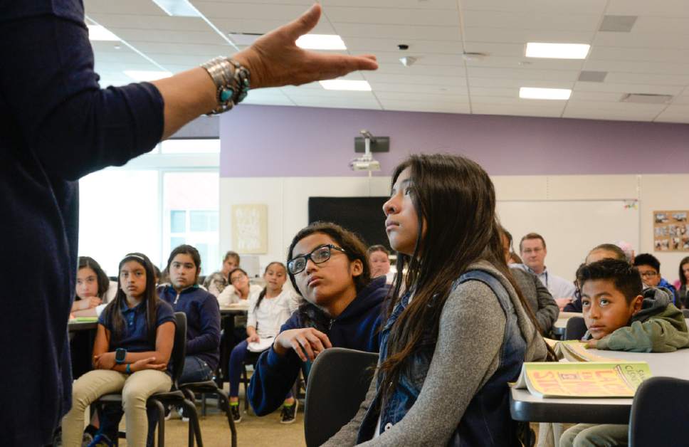 Francisco Kjolseth | The Salt Lake Tribune
Students are engrossed in story as writer Sandra Cisneros visits Mountain View Elementary School on Wed. April 26, 2017, to talk with 40 fifth graders who have read her book, "The House on Mango Street," in both english and spanish as part of their dual immersion program. The program was part of the University of Utah Tanner Humanities Center.