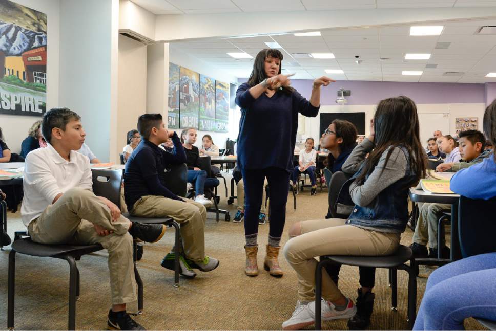 Francisco Kjolseth | The Salt Lake Tribune
Writer Sandra Cisneros visits Mountain View Elementary School on Wed. April 26, 2017, to talk with 40 fifth graders who have read her book, "The House on Mango Street," in both english and spanish as part of their dual immersion program. The program was part of the University of Utah Tanner Humanities Center.