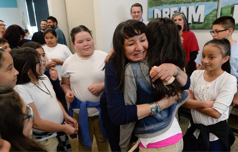 Francisco Kjolseth | The Salt Lake Tribune
Writer Sandra Cisneros gets a warm reception as she visits Mountain View Elementary School on Wed. April 26, 2017, where she spoke with 40 fifth graders who have have read her book, "The House on Mango Street," in both english and spanish as part of their dual immersion program.