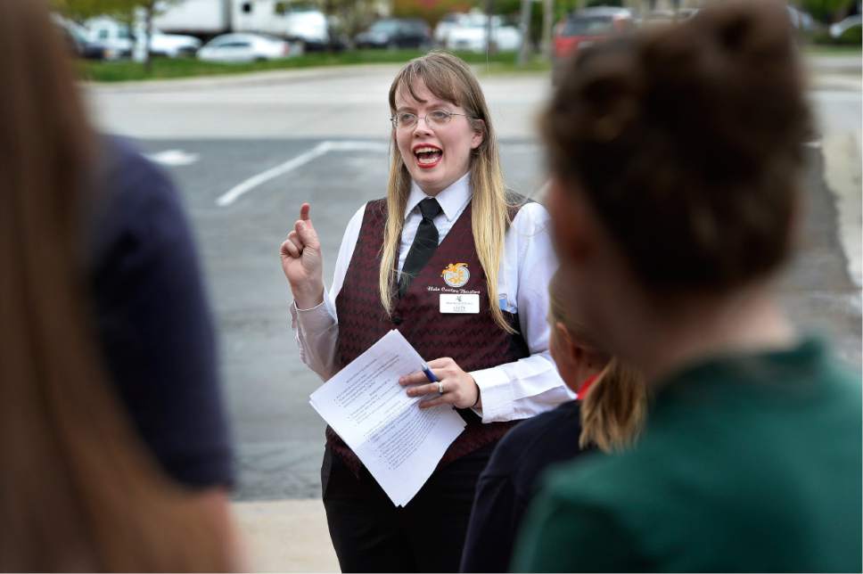 Scott Sommerdorf | The Salt Lake Tribune
Manager Lizzy Nuttall greets the schoolchildren and gives them an overview of what to expect as they arrive to see the Hale Centre Theatre's production of Harper Lee's American masterpiece, "To Kill a Mockingbird," at the West Valley City stage, Wednesday, April 26, 2017.