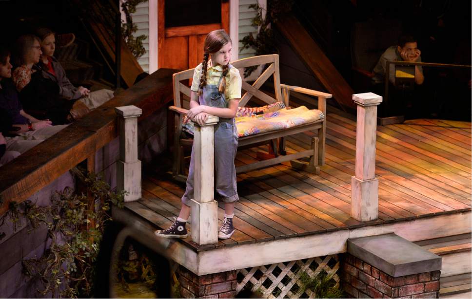 Scott Sommerdorf | The Salt Lake Tribune
"Scout" on the porch during the Hale Centre Theatre's production of Harper Lee's American masterpiece, "To Kill a Mockingbird," at the West Valley City stage, Wednesday, April 26, 2017.