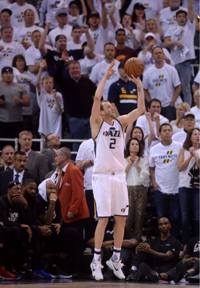Steve Griffin  |  The Salt Lake Tribune


Utah Jazz forward Joe Ingles (2) fires and hits a three pointer late in the game during the Jazz versus Clippers NBA playoff game at Viviint Smart Home arena in Salt Lake City Sunday April 23, 2017.