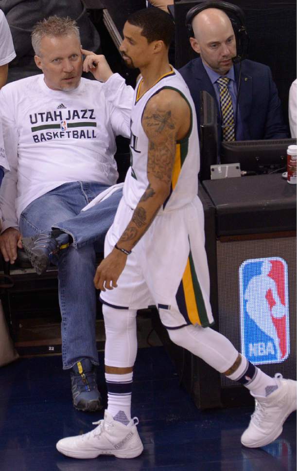 Leah Hogsten  |  The Salt Lake Tribune 
Greg Miller watches as Utah Jazz guard George Hill (3) walks off the court during a timeout. The Utah Jazz trail the Los Angeles Clippers 59-62 in the third quarter during Game 6 at Vivint Smart Home Arena, Friday, April 28, 2017 during the NBA's first-round playoff series.