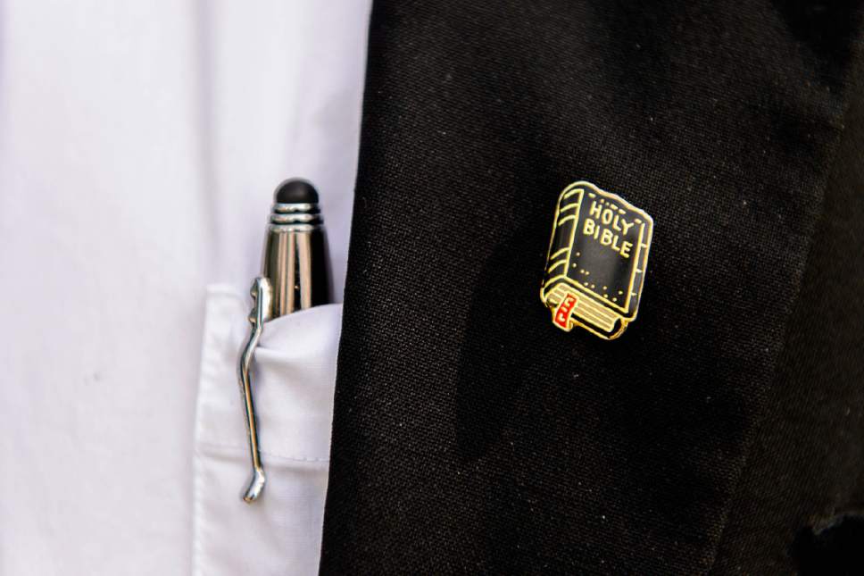 Trent Nelson  |  The Salt Lake Tribune
A Holy Bible pin on the suit of Winston Blackmore, as he leaves court in Cranbrook, B.C., Tuesday April 18, 2017. Blackmore and co-defendant James Oler are the first fundamentalist Mormons to be tried for polygamy in Canada.