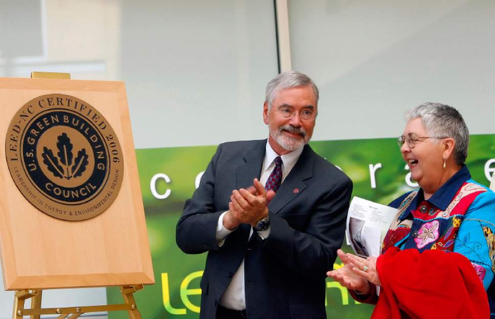 Chris Detrick  |  Tribune file photo


A. Lorris Betz, M.D., Ph.D., Office of the Senior Vice President for Health Sciences, left, and Linda Amos, Former Associate VP health Sciences Center, unveil an award from the Leadership in Energy and Environmental Design (LEED) Certificate by the U.S. Green Building Council. April 13, 2006.