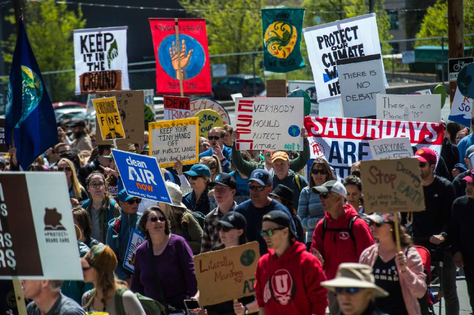 Chris Detrick  |  The Salt Lake Tribune
Participants march to the Governor's Mansion during the Utah People's Climate March Saturday, April 29, 2017.