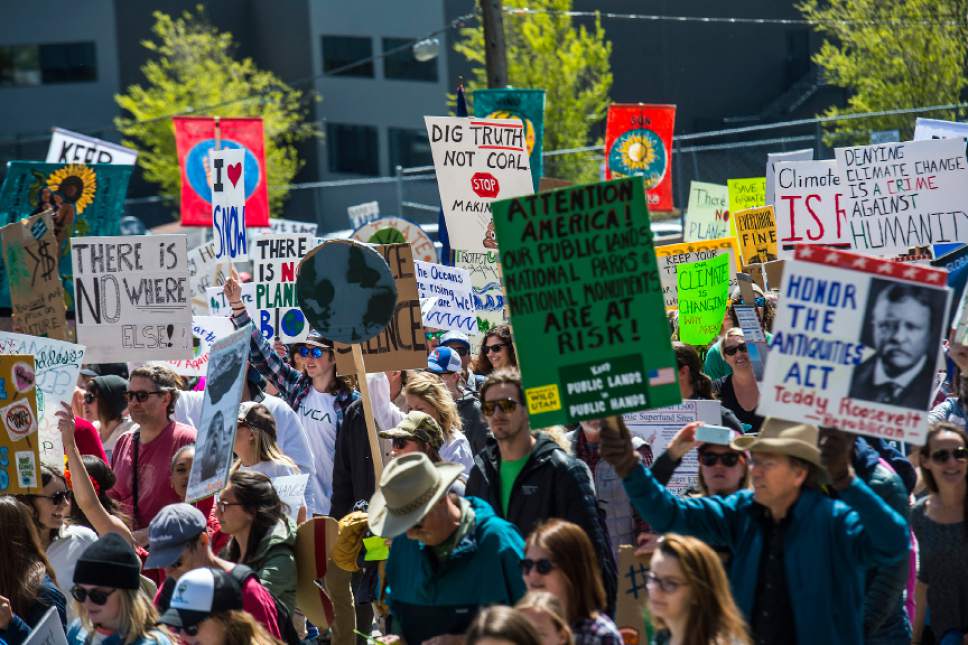 Chris Detrick  |  The Salt Lake Tribune
Participants march to the Governor's Mansion during the Utah People's Climate March Saturday, April 29, 2017.