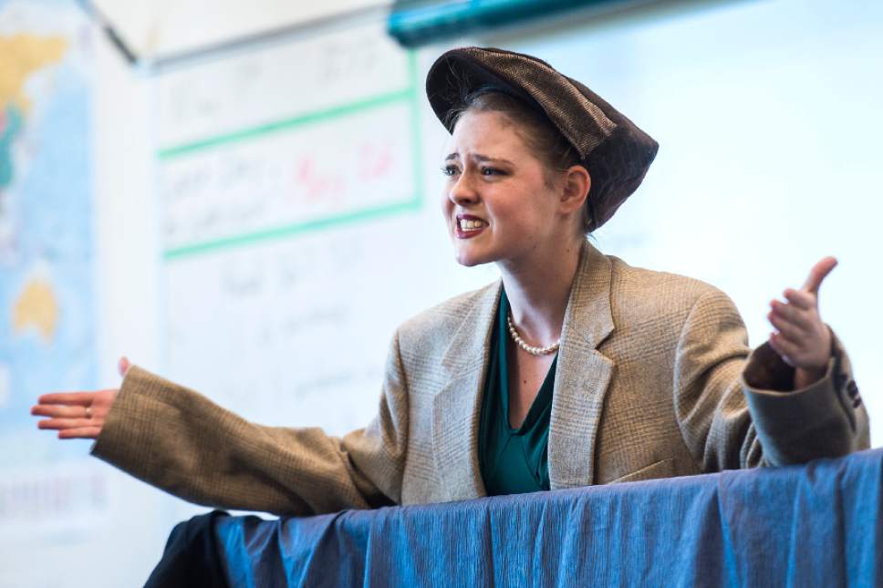 Chris Detrick  |  The Salt Lake Tribune
Utah Online junior Katerina Excell gives her presentation 'I Won't Give Her Up: Eustacia Cutler, The Woman Whose Stand Changed the Path of Autism,' during the Utah History Day State Contest at Hillcrest Junior High School on Saturday.