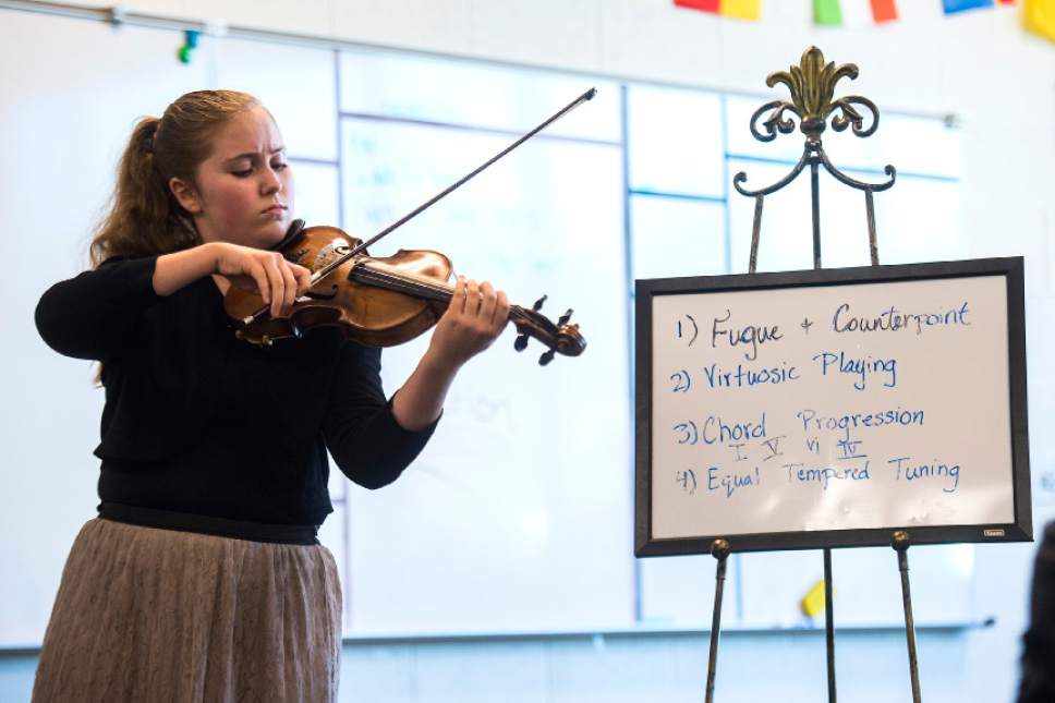 Chris Detrick  |  The Salt Lake Tribune
Makenzie Hart, from Evergreen Junior High, plays the violin during her presentation on J.S. Bach during the Utah History Day State Contest at Hillcrest Junior High School on Saturday.