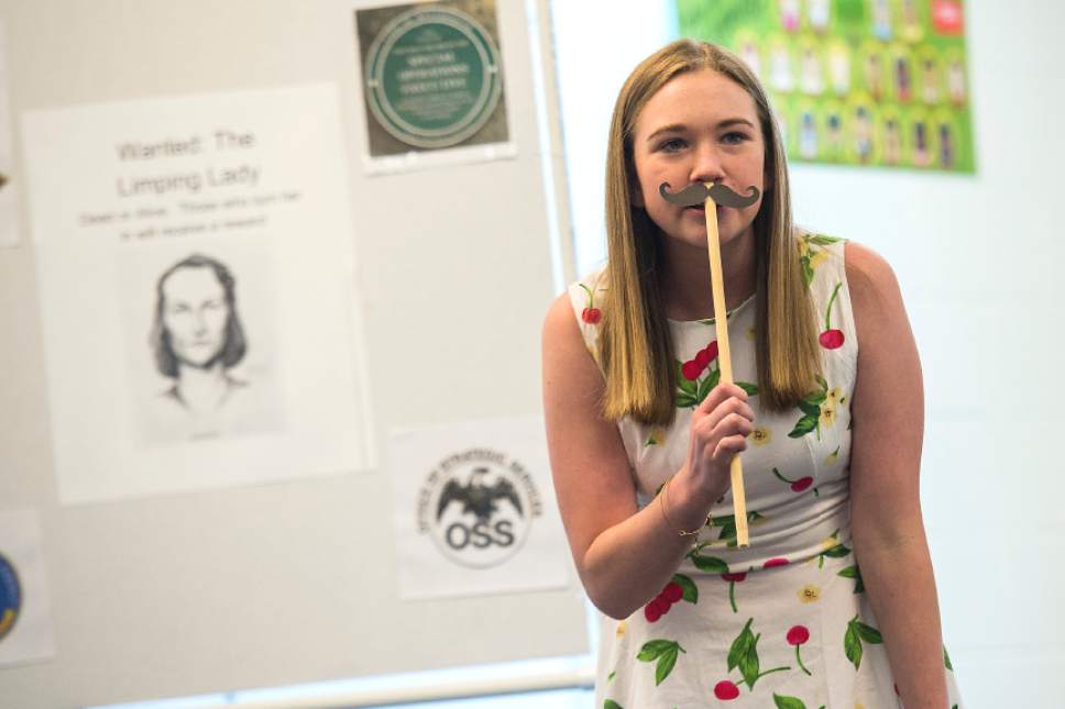 Chris Detrick  |  The Salt Lake Tribune
Timberline Middle School eighth-grader Mikayla Randall gives her presentation, 'Virginia Hall: Taking a Stand Against the Nazis During World War II,' during the Utah History Day State Contest at Hillcrest Junior High School Saturday, April 29, 2017.