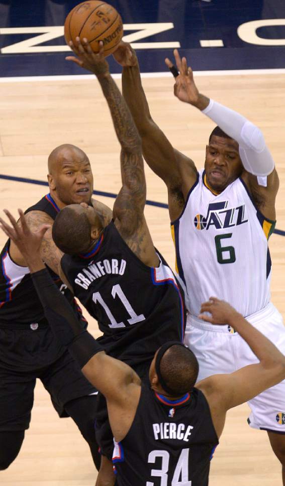 Leah Hogsten  |  The Salt Lake Tribune 
Utah Jazz forward Joe Johnson (6) gets the ball taken away by LA Clippers guard Jamal Crawford (11). The Utah Jazz trail the Los Angeles Clippers 59-62 in the third quarter during Game 6 at Vivint Smart Home Arena, Friday, April 28, 2017 during the NBA's first-round playoff series.