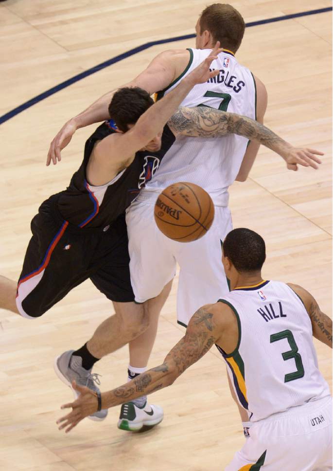 Leah Hogsten  |  The Salt Lake Tribune 
Utah Jazz forward Joe Ingles (2) gets a personal foul and then a technical foul for the play with LA Clippers guard Austin Rivers (25). The Utah Jazz trail the Los Angeles Clippers 59-62 in the third quarter during Game 6 at Vivint Smart Home Arena, Friday, April 28, 2017 during the NBA's first-round playoff series.