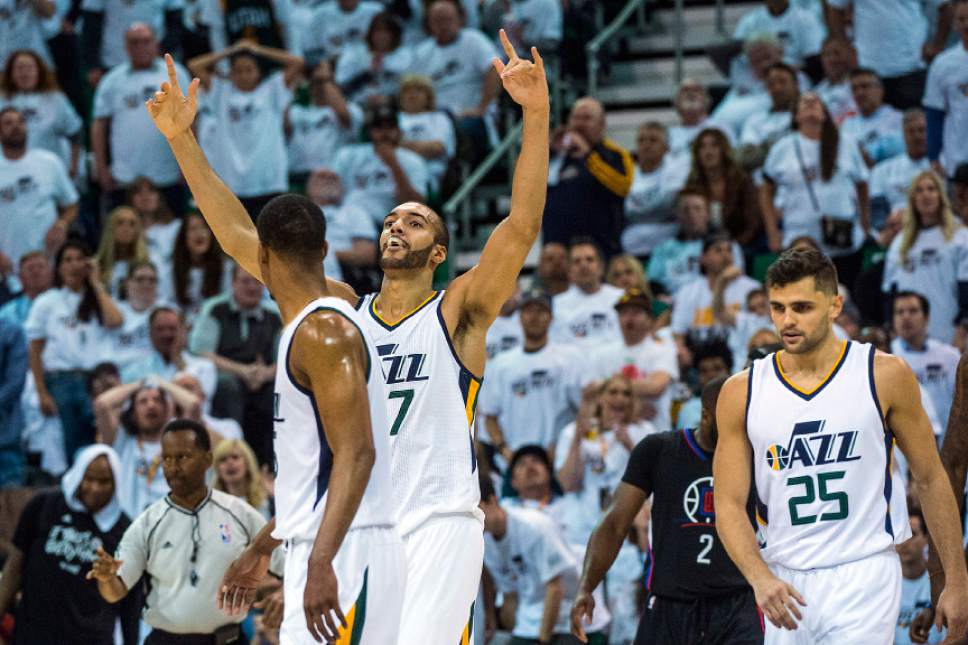 Chris Detrick  |  The Salt Lake Tribune
Utah Jazz center Rudy Gobert (27) reacts after being called on a foul during the game at Vivint Smart Home Arena Friday, April 28, 2017.
