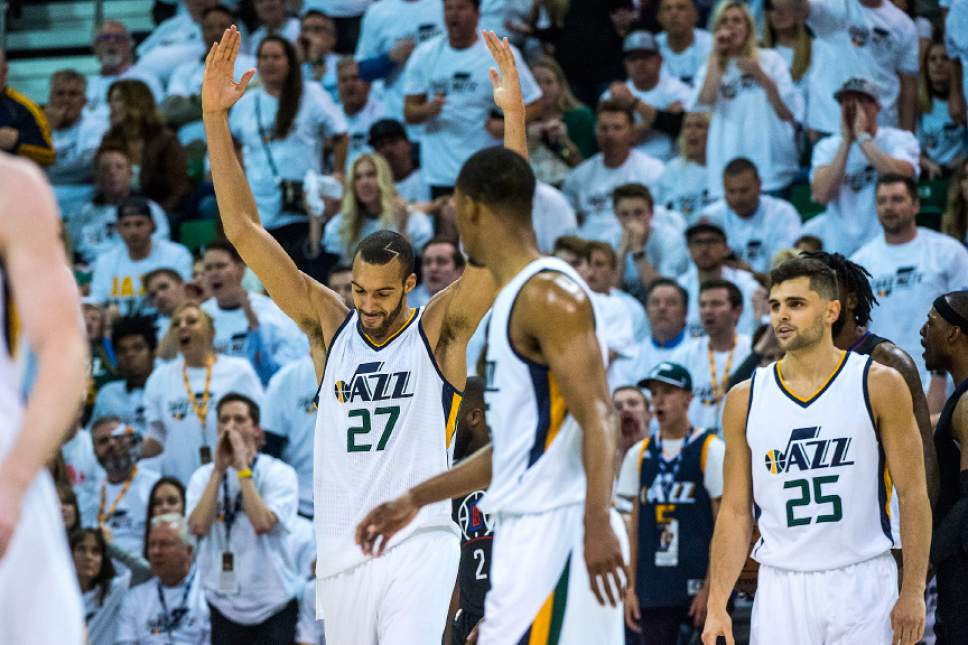 Chris Detrick  |  The Salt Lake Tribune
Utah Jazz center Rudy Gobert (27) reacts after being called on a foul during the game at Vivint Smart Home Arena Friday, April 28, 2017.