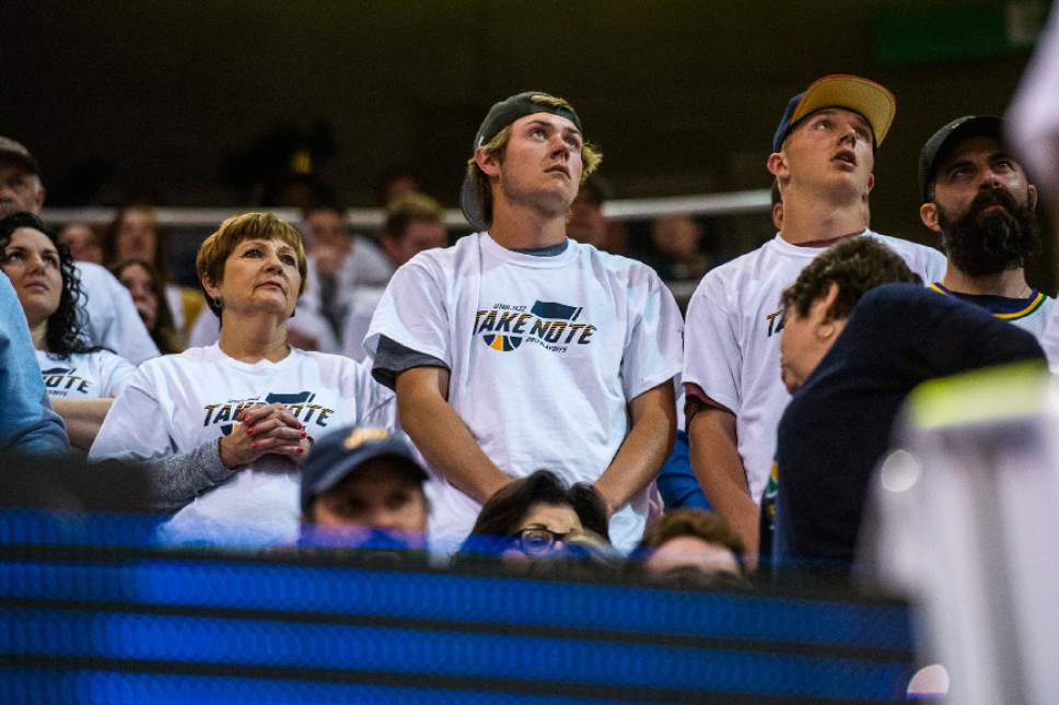 Chris Detrick  |  The Salt Lake Tribune
Utah Jazz fans watch during the final seconds of the game at Vivint Smart Home Arena Friday, April 28, 2017.  LA Clippers defeated Utah Jazz 98-93.