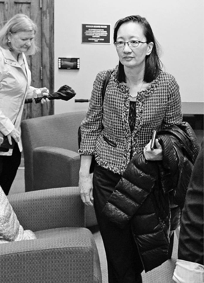 Francisco Kjolseth  |  The Salt Lake Tribune
Vivian Lee, CEO of the University of Utah Health Care emerges from a university board of trustees closed executive session following discussions over the recent firing of Dr. Mary Beckerle, the CEO and director of the Huntsman Cancer Institute. A decision on her possible reinstatement is expected later in the day on Tuesday, April 25, 2017.