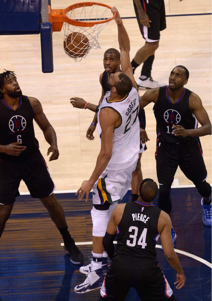 Leah Hogsten  |  The Salt Lake Tribune 
Utah Jazz center Rudy Gobert (27) dunks over the Clippers. The Utah Jazz trail the Los Angeles Clippers 59-62 in the third quarter during Game 6 at Vivint Smart Home Arena, Friday, April 28, 2017 during the NBA's first-round playoff series.
