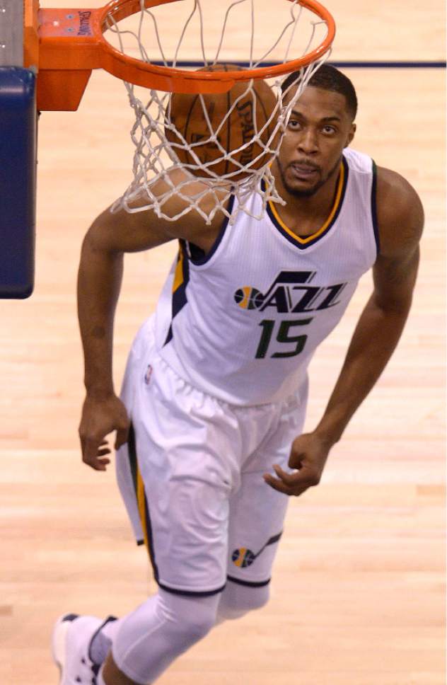 Leah Hogsten  |  The Salt Lake Tribune 
Utah Jazz forward Derrick Favors (15) for two. The Utah Jazz trail the Los Angeles Clippers 59-62 in the third quarter during Game 6 at Vivint Smart Home Arena, Friday, April 28, 2017 during the NBA's first-round playoff series.